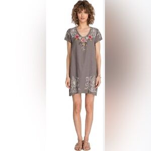 Johnny Was Assa Linen Tunic Dress Floral Embroidered Womens Size L Gray Boho